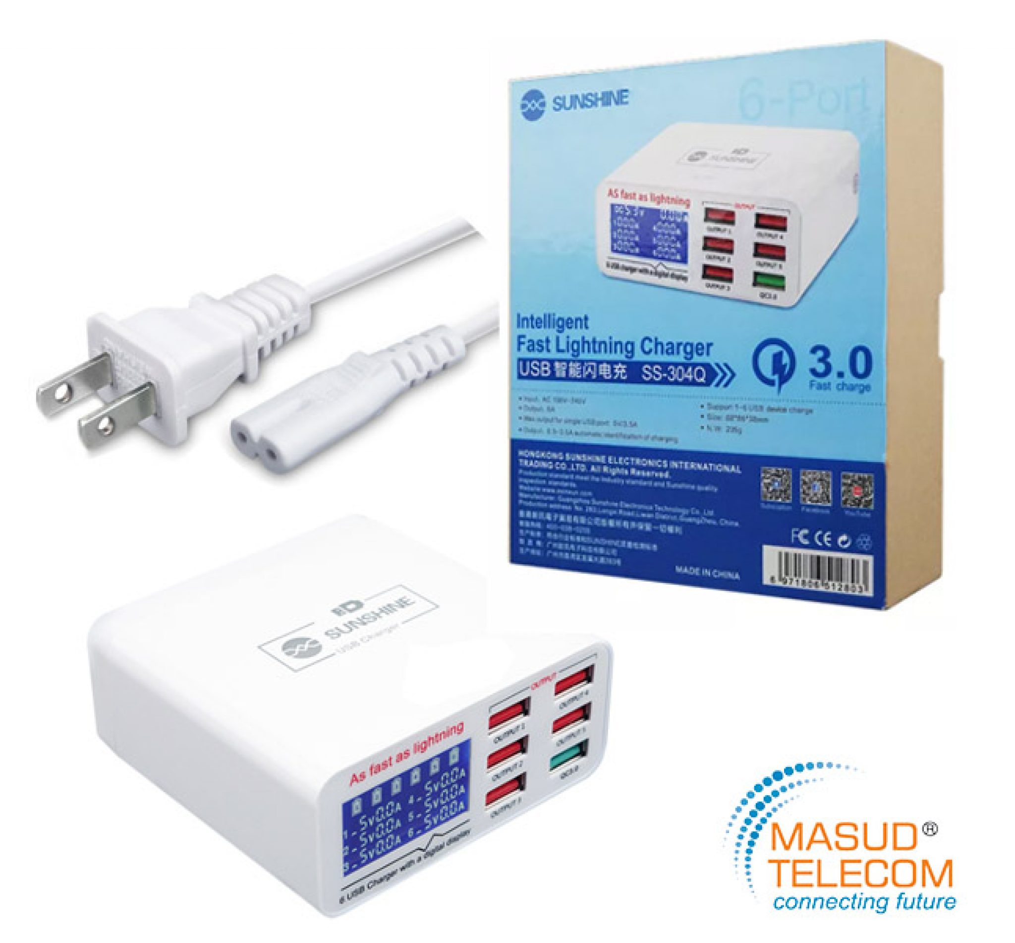 SUNSHINE SS304Q 5v 6a Digital Universal 6port Usb Charger